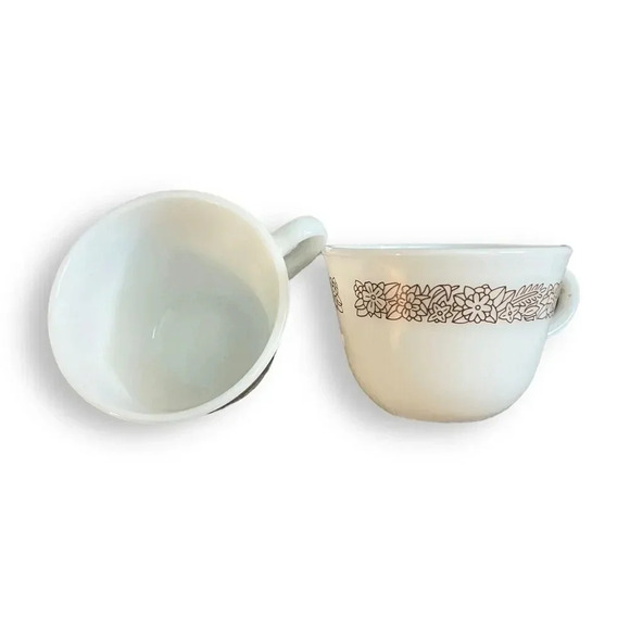 Vintage Pyrex Woodland Brown Floral Milk Glass Coffee/Tea Cups Set of 2 Flower - Picture 2 of 3